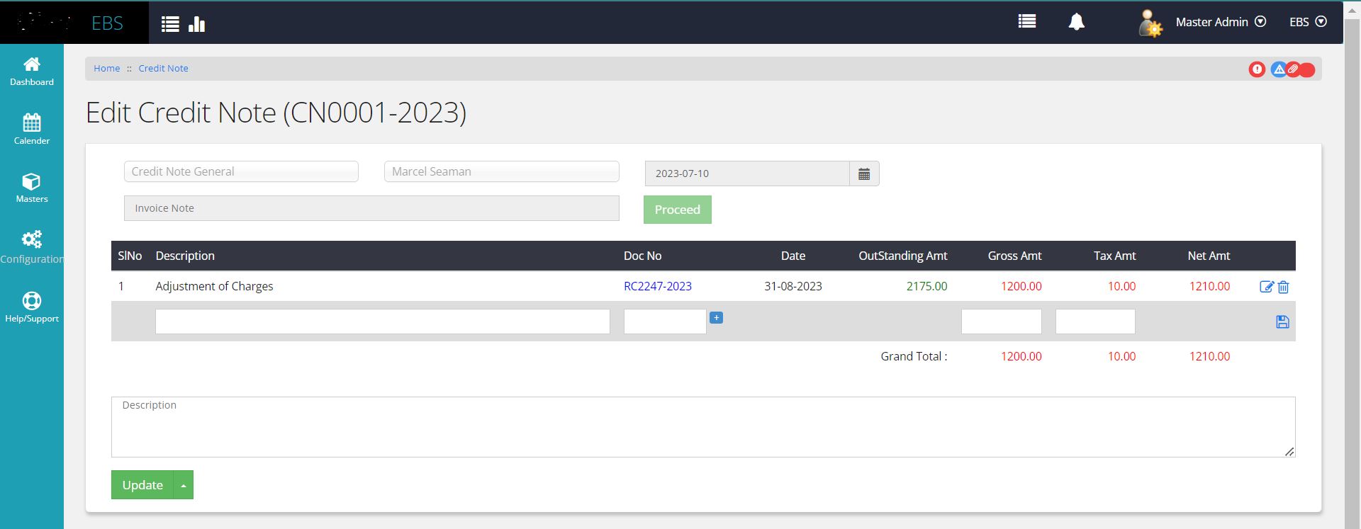 Debit NOte creation Grid item