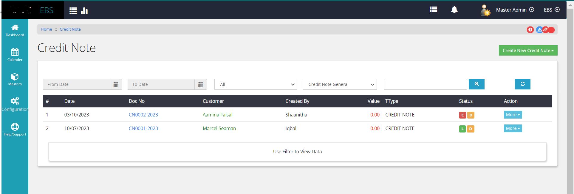 Debit Note listing page