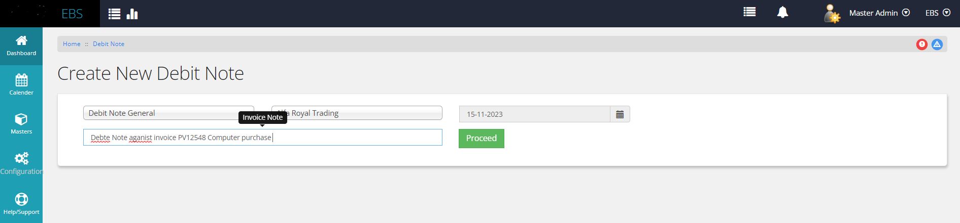 Debit Note listing page