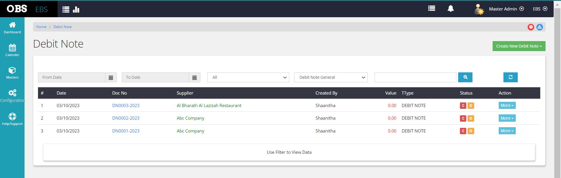 Debit Note listing page